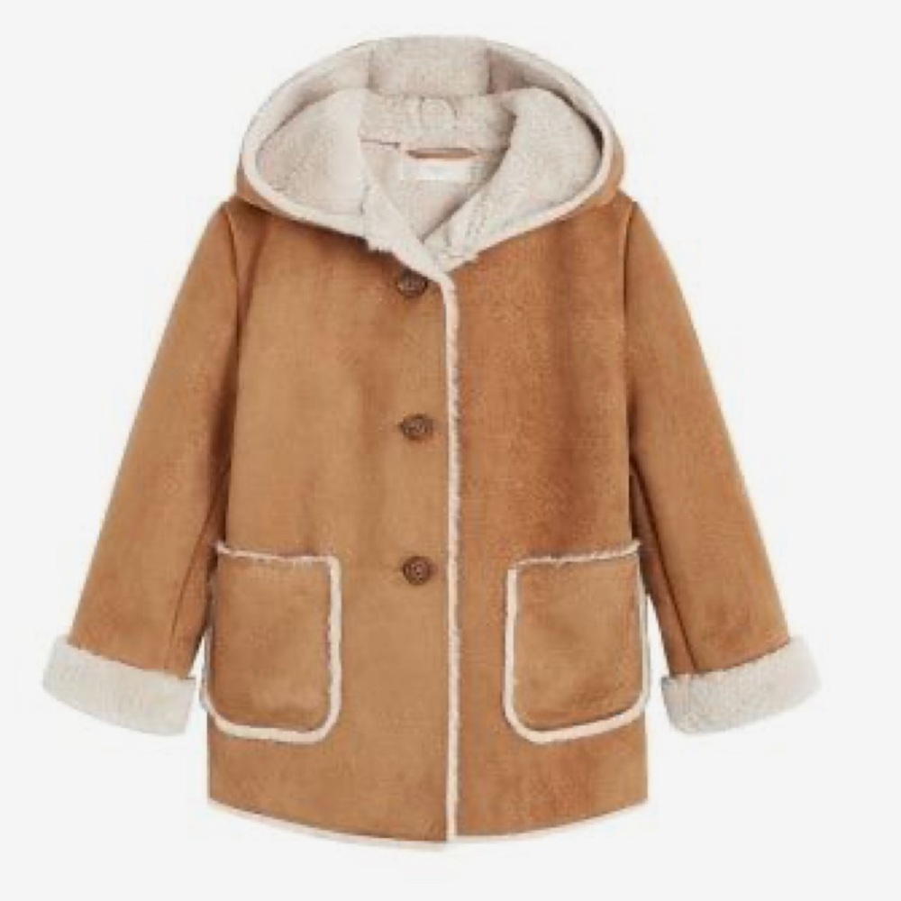 Mango Kids Tan Micro Suede Faux Fur Shearling Hooded Jacket - Size 8